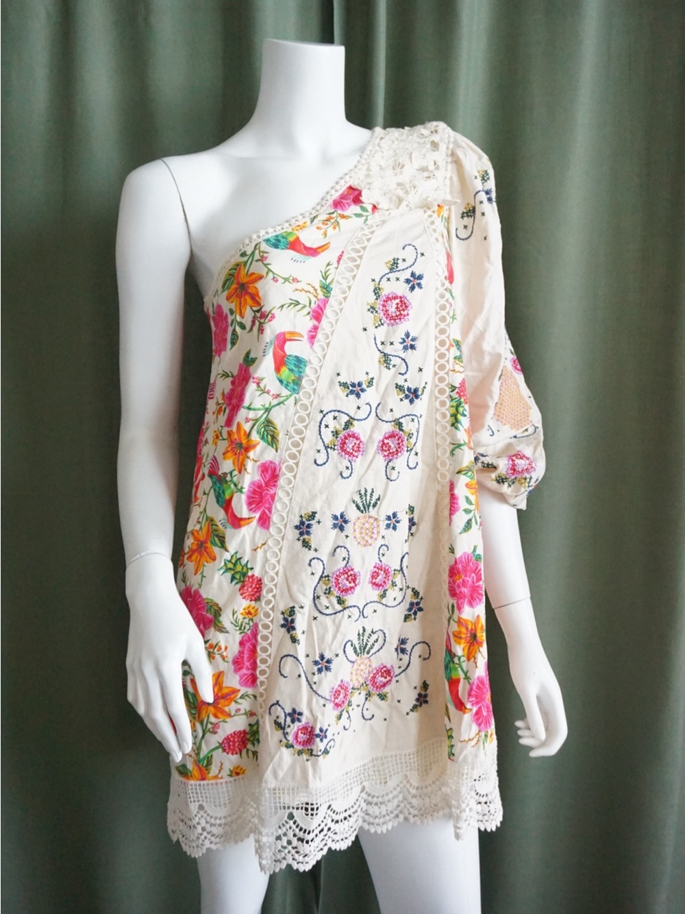 Farm Rio Anthropologie Toucans Garden One Shoulder Embroidered Dress - Size XS